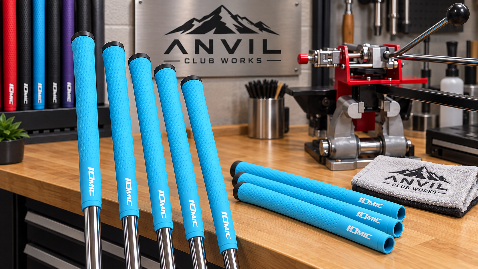 Sky blue IOMIC grips at the Anvil Club Works workbench